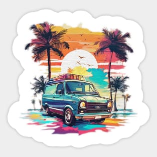 Van with palm trees on the beach Sticker